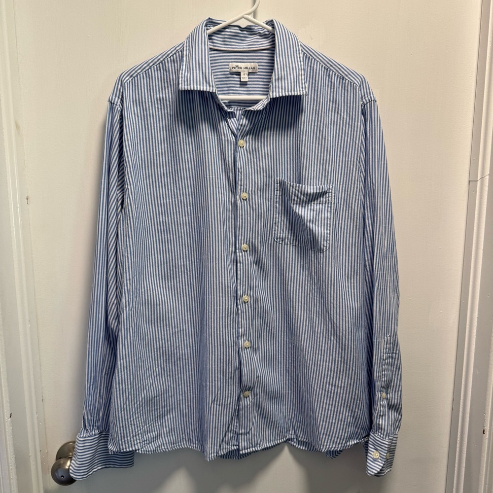 Peter Millar Men’s Large 100% Cotton Blue White Striped Long Sleeve Button Down